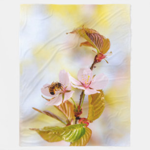 Bee On A Cherry Flower Fleece Blanket
