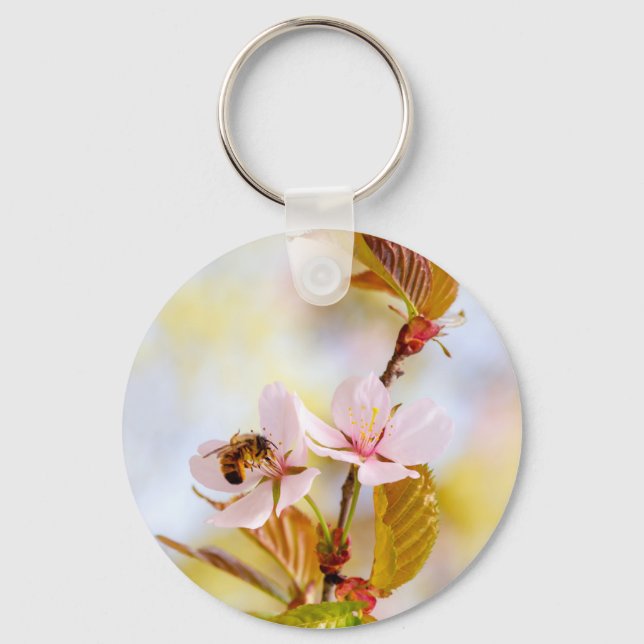Bee On A Cherry Flower Key Ring (Front)