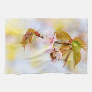 Bee On A Cherry Flower Tea Towel