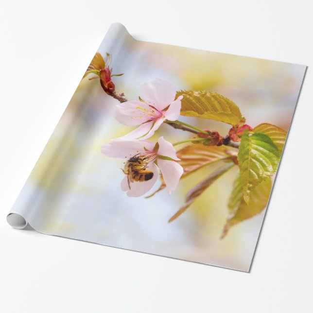 Bee On A Cherry Flower Wrapping Paper (Unrolled)