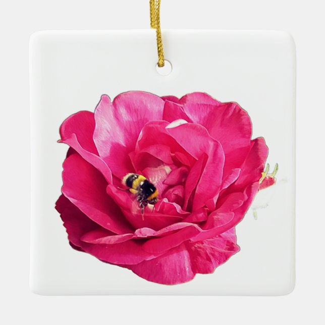 Bee , on a pink flower ceramic ornament (Front)
