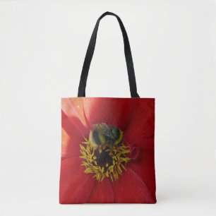 Bee on a red flower Tote Bag