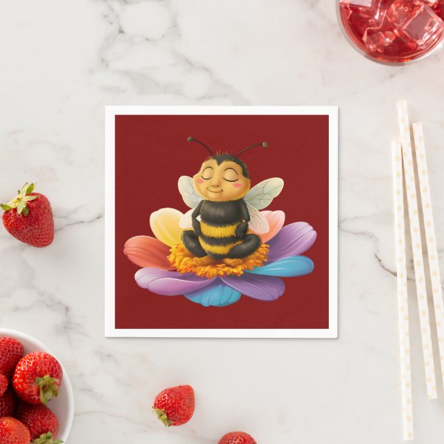 Bee On A Vibrant Flower Doing Yoga Napkin (Insitu)