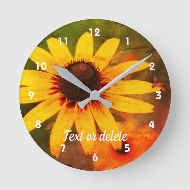 Bee On Black Eyed Susan Flower Art Personalized Round Clock (Front)
