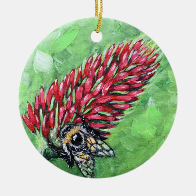 Bee on Crimson Clover Painting Ceramic Ornament (Front)