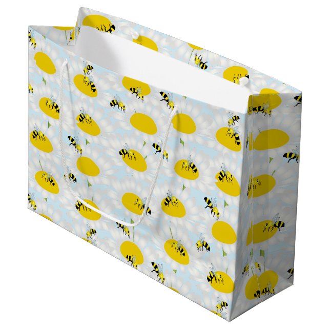 Bee on Flower Large Gift Bag - Blue Background (Front Angled)