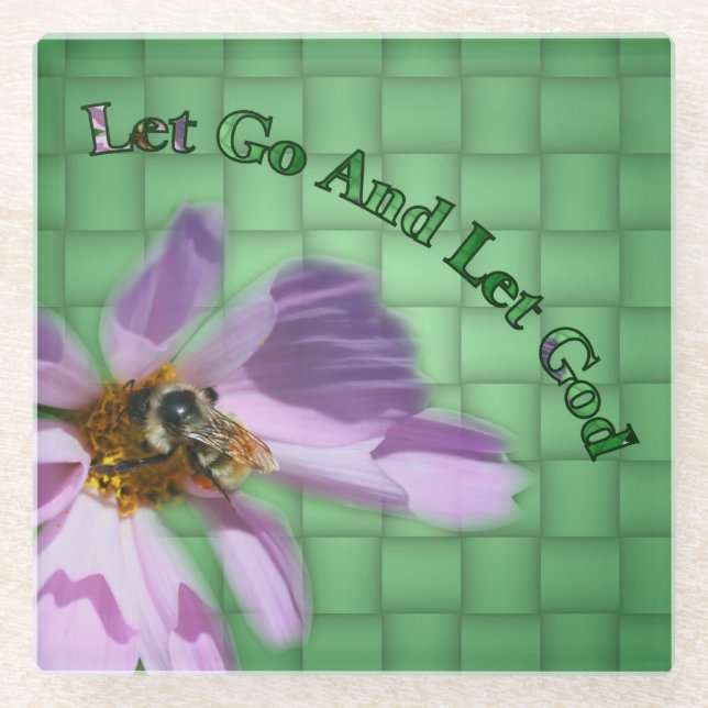 Bee On Flower Let God Inspirational Glass Coaster (Front)