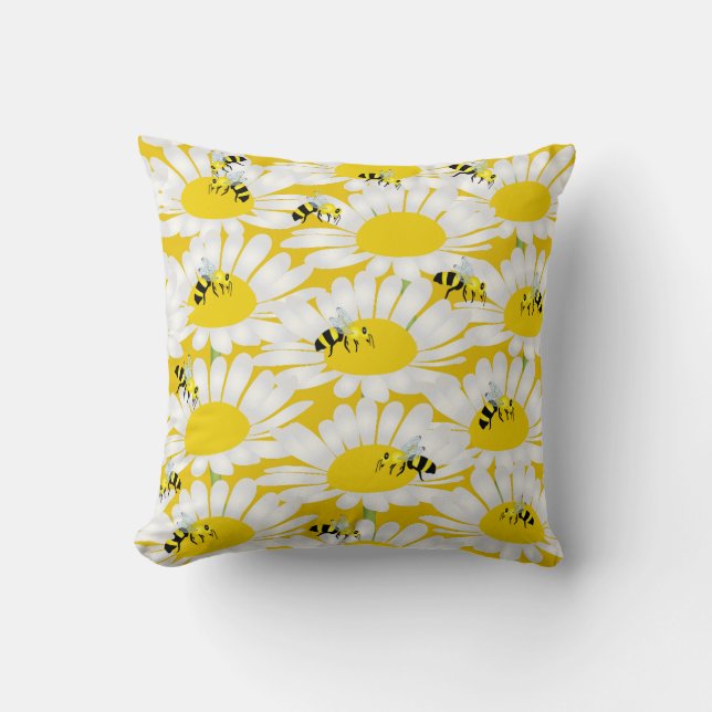 Bee on Flower Pillow - Yellow Background (Front)