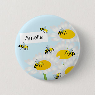 Bee on Flower Round Button - Blue Background