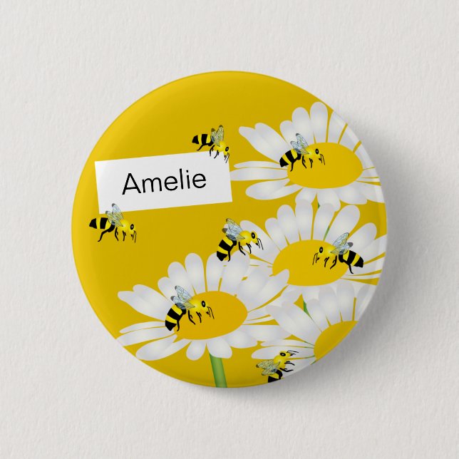 Bee on Flower Round Button - Yellow Background (Front)