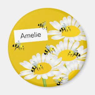 Bee on Flower Round Magnet - Yellow Background