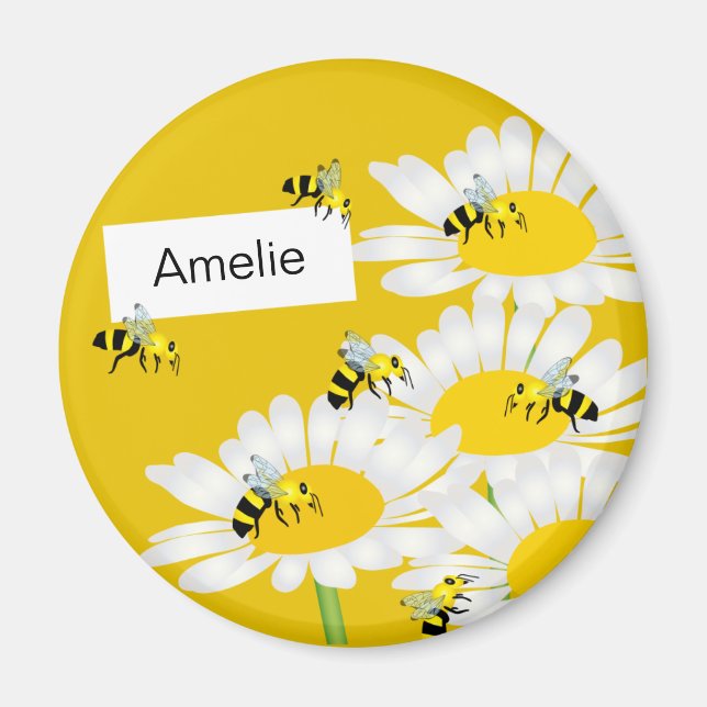 Bee on Flower Round Magnet - Yellow Background (Front)