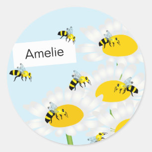 Bee on Flower Round Sticker - Blue Background
