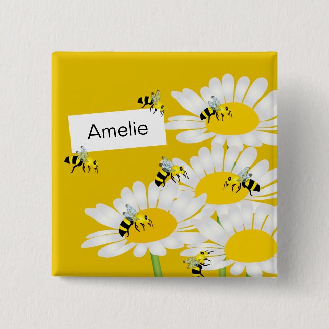 Bee on Flower Square Button - Yellow Background (Front)