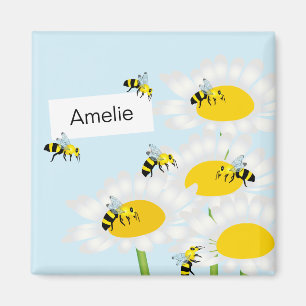 Bee on Flower Square Magnet - Blue Background