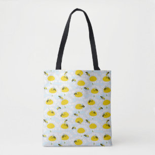 Bee on Flower Tote Bag - Blue Background