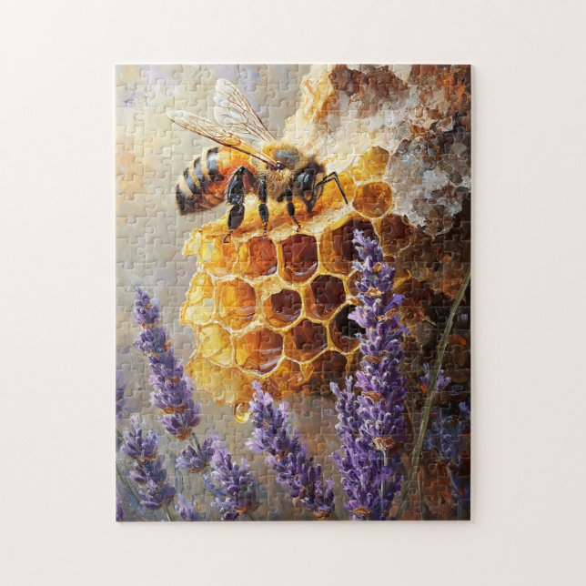 Bee on Honey Comb with Lavender Flowers Jigsaw Puzzle (Vertical)