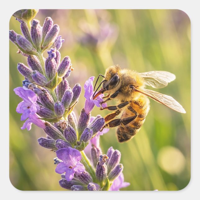 Bee on Lavender Square Sticker (Front)