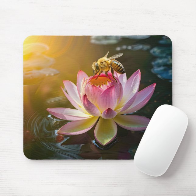 Bee on Lotus Flower Mouse Pad (With Mouse)