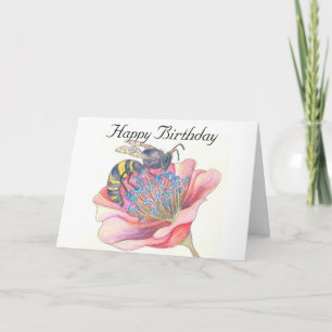 bee on pink flower birthday card