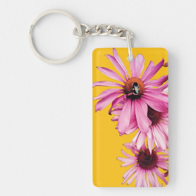 Bee , on pink flowers key ring (Front)