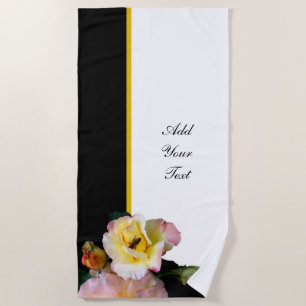 Bee on Pink Yellow Roses Flowers Beach Towel