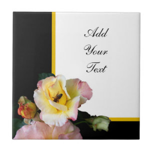 Bee on Pink Yellow Roses Flowers Ceramic Tile