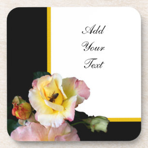 Bee on Pink Yellow Roses Flowers Coaster