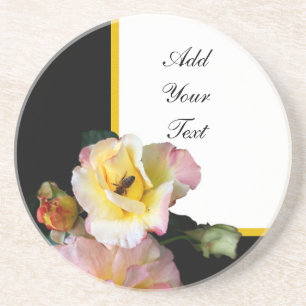 Bee on Pink Yellow Roses Flowers Coaster