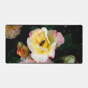 Bee on Pink Yellow Roses Flowers Desk Mat
