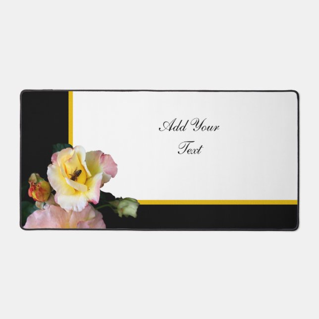 Bee on Pink Yellow Roses Flowers Desk Mat (Front)