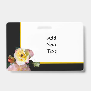 Bee on Pink Yellow Roses Flowers ID Badge