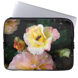 Bee on Pink Yellow Roses Flowers Laptop Sleeve