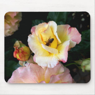 Bee on Pink Yellow Roses Flowers Mouse Pad