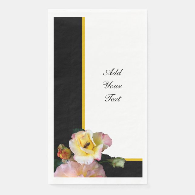 Bee on Pink Yellow Roses Flowers Napkin (Front)