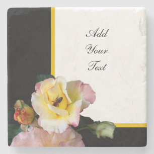 Bee on Pink Yellow Roses Flowers Stone Coaster