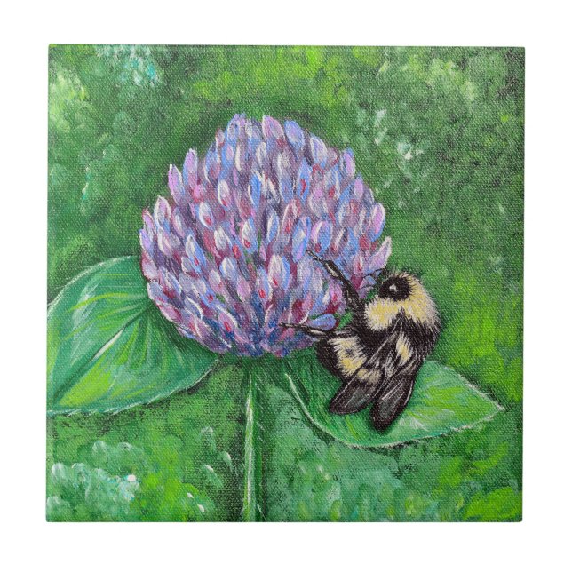 Bee on Purple Clover Painting Ceramic Tile (Front)
