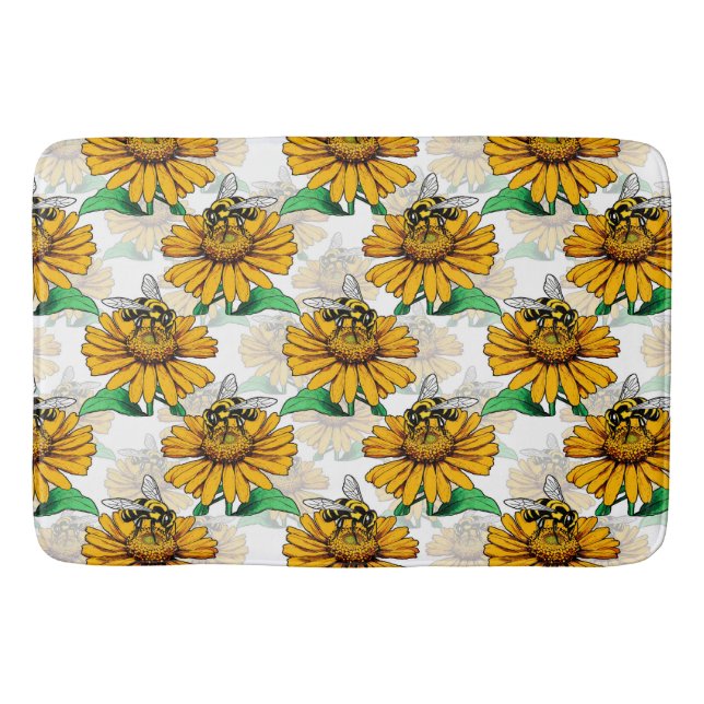Bee on Sunflower Flower Pattern Design  Bath Mat (Front)