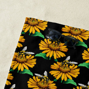 Bee on Sunflower Flower Pattern Design Black  Beach Towel