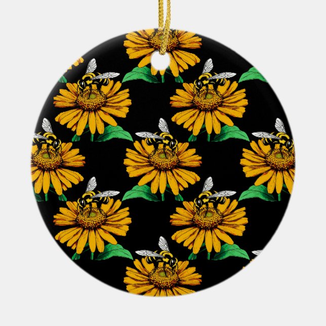 Bee on Sunflower Flower Pattern Design Black  Ceramic Ornament (Front)