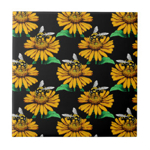 Bee on Sunflower Flower Pattern Design Black  Ceramic Tile