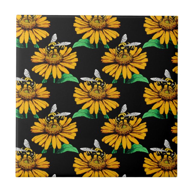 Bee on Sunflower Flower Pattern Design Black  Ceramic Tile (Front)