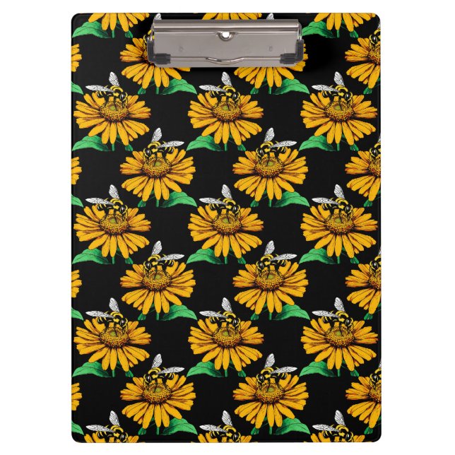 Bee on Sunflower Flower Pattern Design Black  Clipboard (Front)