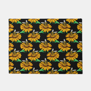 Bee on Sunflower Flower Pattern Design Black  Doormat