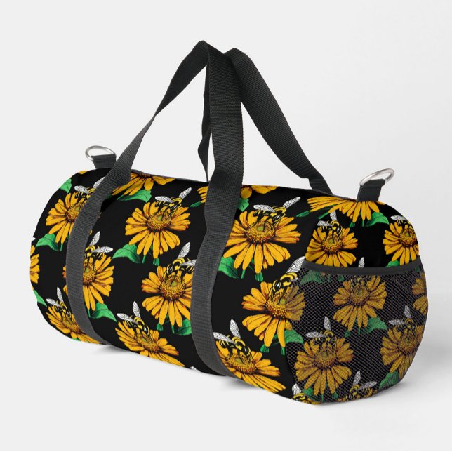 Bee on Sunflower Flower Pattern Design Black  Duffle Bag (Creator Uploaded)