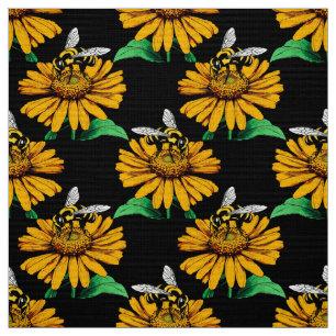 Bee on Sunflower Flower Pattern Design Black Fabric