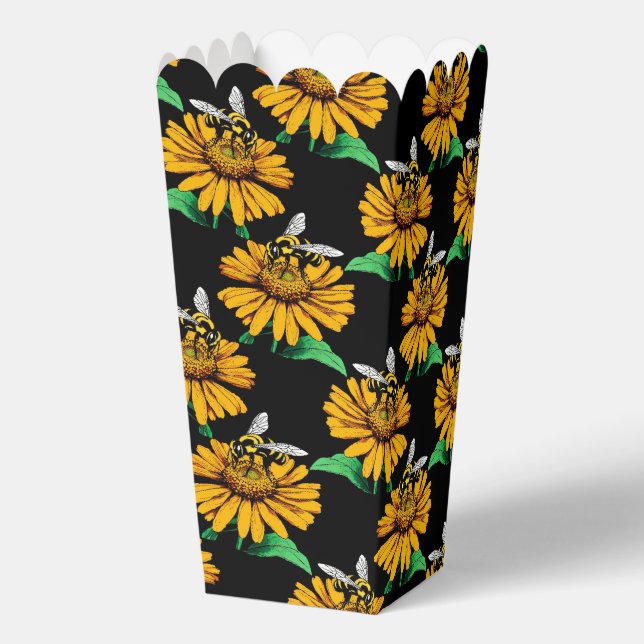 Bee on Sunflower Flower Pattern Design Black  Favour Box (Back)