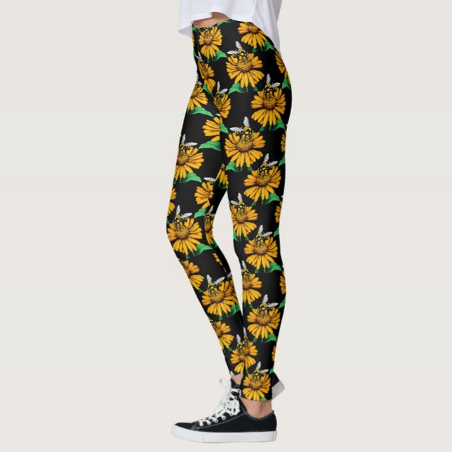 Bee on Sunflower Flower Pattern Design Black  Leggings (Creator Uploaded)
