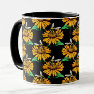 Bee on Sunflower Flower Pattern Design Black  Mug