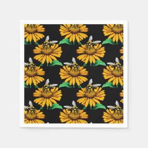 Bee on Sunflower Flower Pattern Design Black  Napkin